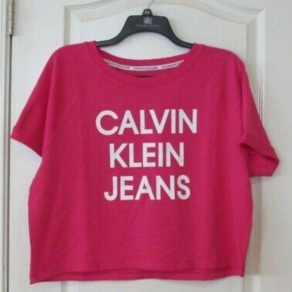 Calvin Klein Jeans Pink French Terry Short Sleeve Crop Top Logo Tee NWT - Picture 3 of 6
